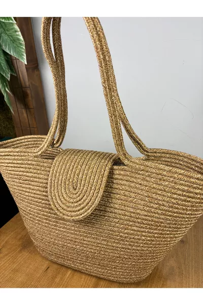 حقيبة شاطئ طبيعية من القش والجوت بمغناطيس توت، حقيبة موسمية - صيحة الصيف!