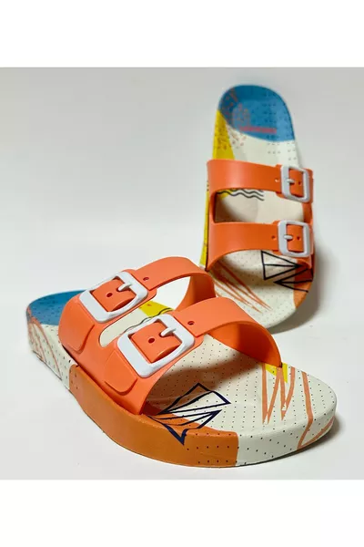 حذاء منزلي نسائي ضد الانزلاق بنعل تشريحي برتقالي بدون إبزيم بشريط مزدوج للاستخدام داخل المنزل وعلى الأرضيات المبللة