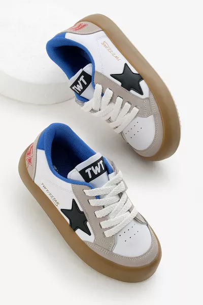 Kids Unisex White Sax Thermal Sole Sneakers with Star Details, Laces and Velcro