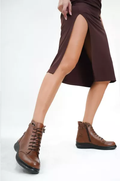 حذاء جلد طبيعي نسائي من الجلد البني 