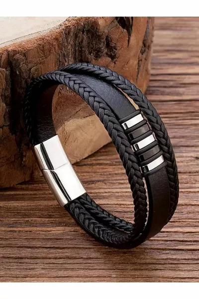 Men's Genuine Leather Bracelet Black Color Magnetic Clasp Braided Brass Bracelet - Men's Bracelet