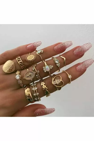 Amon -Piece Assorted Sizes Alaçatı Style Bohemian & Vintage Stackable Ring Set