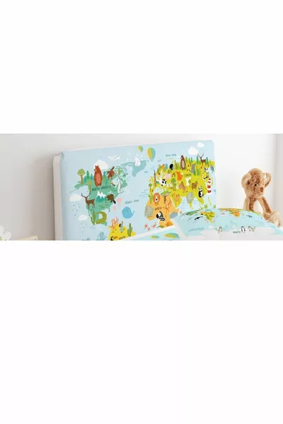 Bed Base Headboard Cover World Map Educational Blue