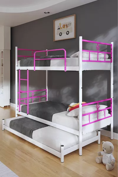 Cocoon Loft Bed with Trundle Bed Compatible, 3-Person Dark Pink Metal Bunk Bed