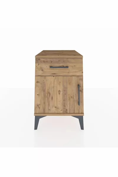 Comodino Kronos con un ripiano, un cassetto e una porta, in pino-pino