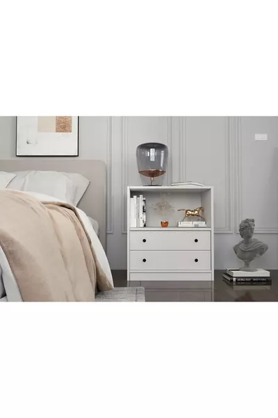 Table de chevet blanche à deux tiroirs avec étagère, sans moulure