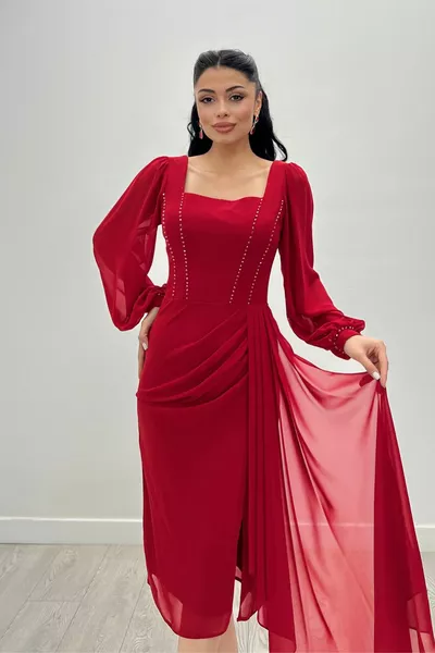 Atlas Fabric Bead Robe crayon à manches en mousseline de soie détaillée - ROUGE