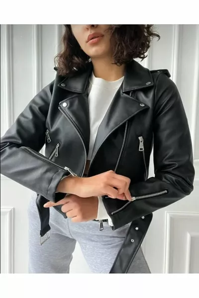 Women's Leather Jacket with Black Zipper and Belt Detail