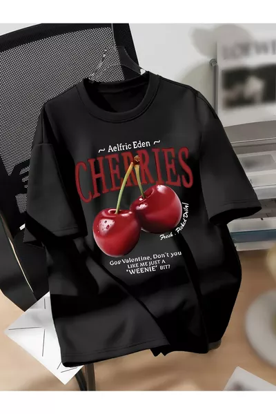 T-shirt Unisex Uomo/Donna in Cotone Oversize con Scollo Rotondo e Stampa Speciale CHERRIES