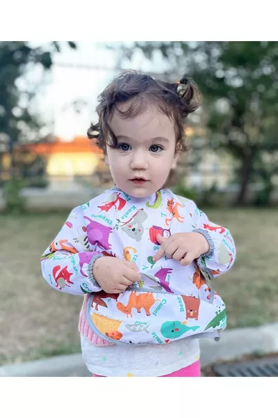  months, Zoo, Waterproof, Machine Washable, Pocketed, Long-Sleeve Baby Bib with Velcro