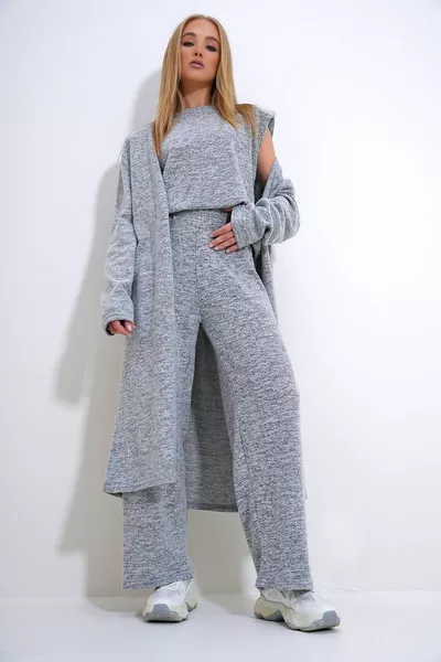 Women's Anthracite Shoulder-Padded Crew Neck Blouse, Pants, and Cardigan Thin Knit Set 