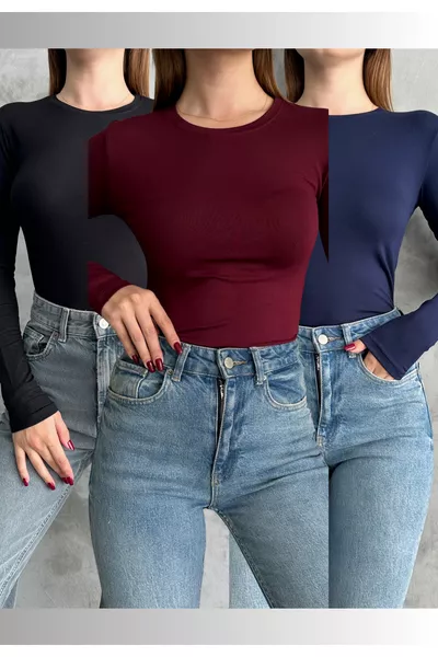 Черно-бордово-синее базовое боди с длинным рукавом и круглым вырезом, набор из 3 штук