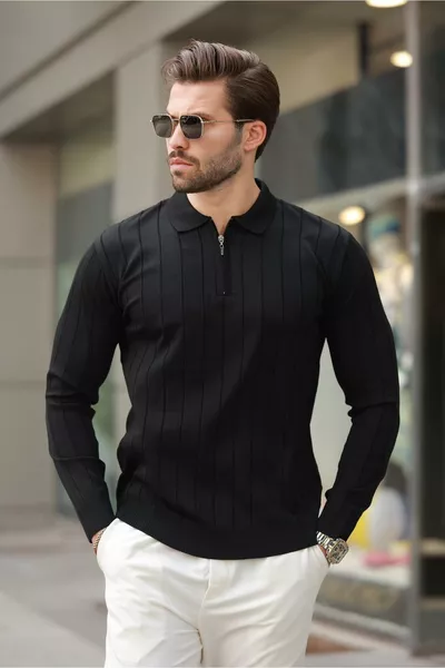 Черный вязаный свитер с воротником-поло на молнии 