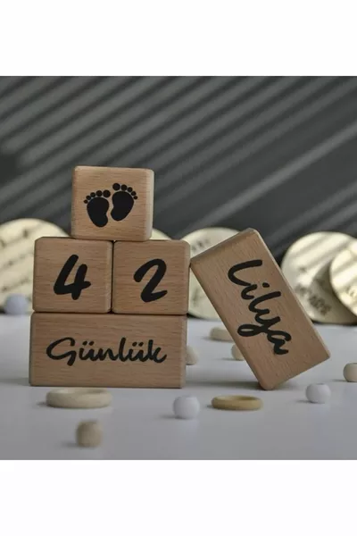 Named Baby Mom Memory Cube Decor Turkish 5-Piece Set Named Wooden Baby Memory Cubes