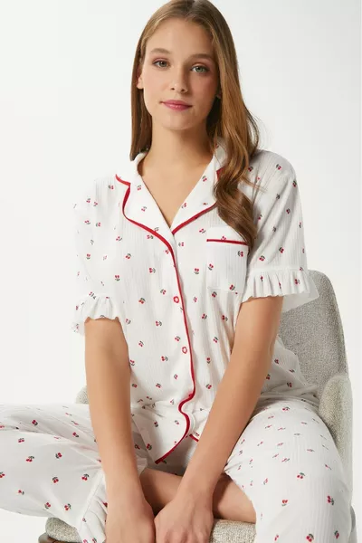 Women's Cherry Ruffle Front-Button Short Sleeve Top and Bottom Pajama Set