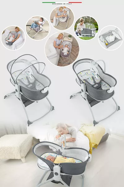 ميرا مهد بجانب الأم ومقعد هزاز موسيقي مع اهتزاز تدريجي باللون الرمادي الداكن