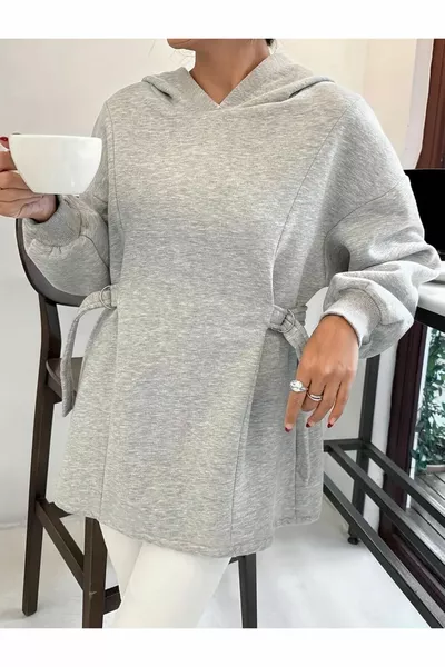 سويت شيرت رمادي بقبعة وتصميم خاص للنساء مع حزام