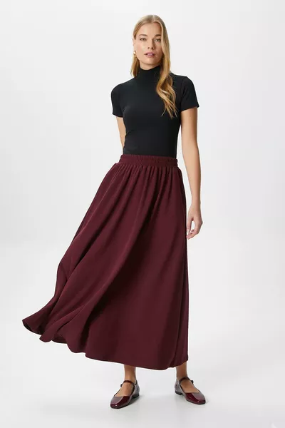تنورة ماكسي طويلة بورجوندي بخصر مطاطي وجيوب للنساء من لونا بيل
