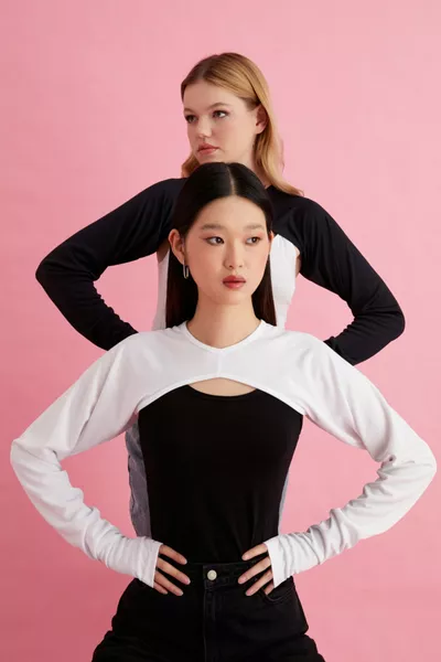 Ensemble Crop à Manches avec Collier à Deux Pièces - Body Crop à Manches Longues Noir et Blanc, Body de Voile