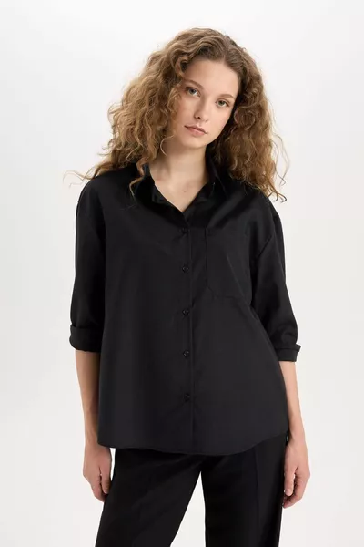 Рубашка Оверсайз Свободного Кроя из Поплина с Длинным Рукавом AXNS