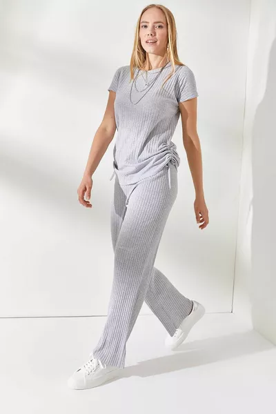 Women's Gray Side Ruched Blouse and Palazzo Pants Set 
