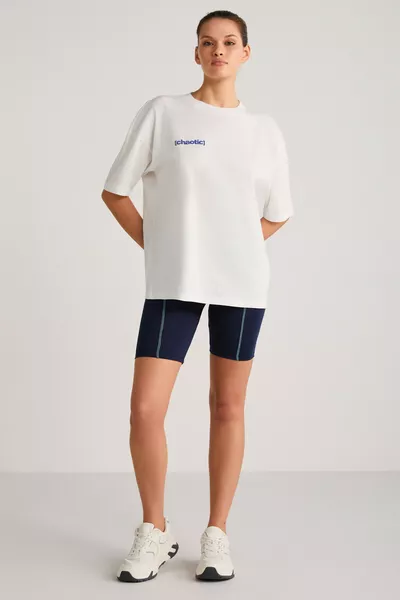 T-shirt da donna Arcadıa con scritte sul davanti e sul retro, color crema/blu