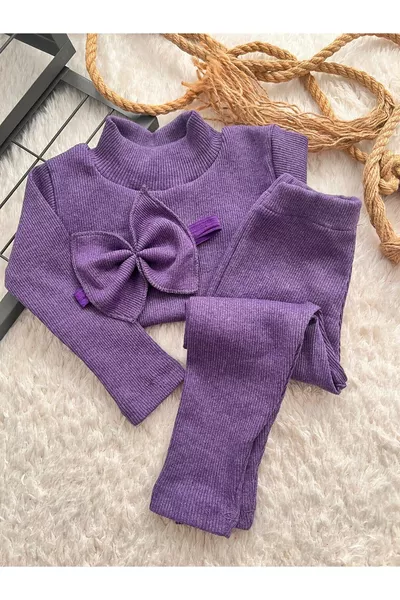 Lila Baby Leggings, Bluse und Stirnband Set