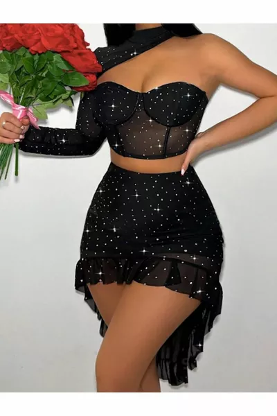 Glittery Cup Bra Ruffled Skirt 2-Piece Attractive Nightwear Set