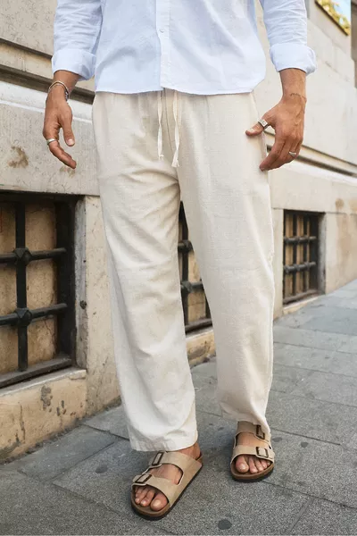 Pantalon confortable pour homme en lin à jambes larges, nouvelle saison