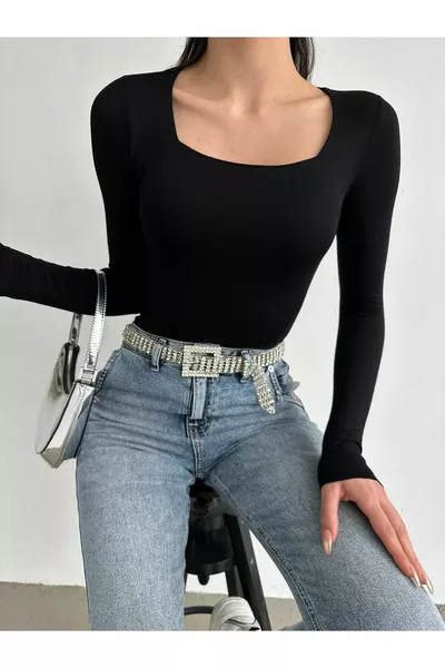 Дамска блуза с квадратна яка, дълъг ръкав, двуслойна предна част, тънка, основна 