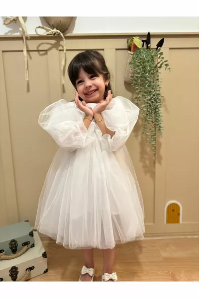 فستان عيد ميلاد للبنات بأكمام طويلة شيفون وطبقة توتو، أبيض اللون