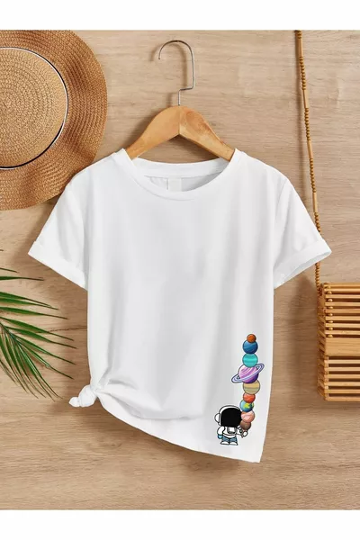 قميص تيشيرت أبيض للأطفال من القطن بنقشة، تصميم مريح للجنسين