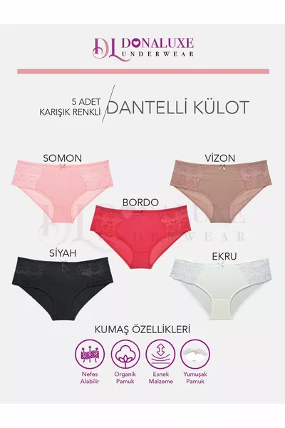 Женские трусы, женские кружевные хлопковые трусы, набор из 5 штук, черные, белые, бежевые, бордовые, лососевые