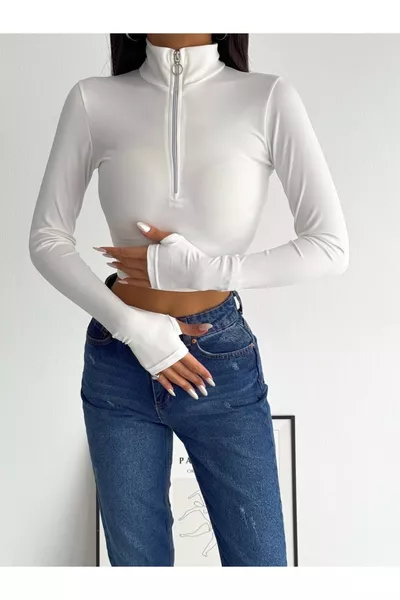 Fermuarlı Parmak Geçirmeli Esnek Kumaş Uzun Kollu Body