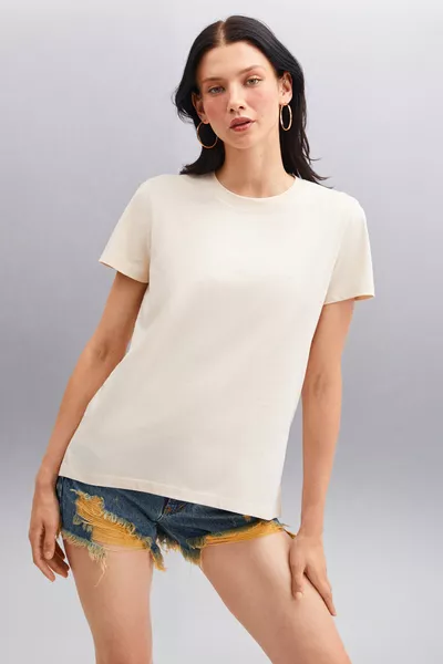 Samantha Women's % Organic Cotton Comfort Fit Long Back Basic Knit Beige T-Shirt