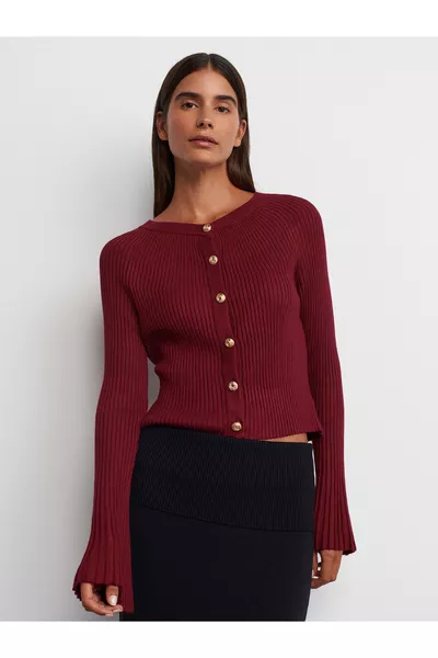  Bicycle Neck Buttoned Spanish Sleeve Knit Cardigan - Burgundy