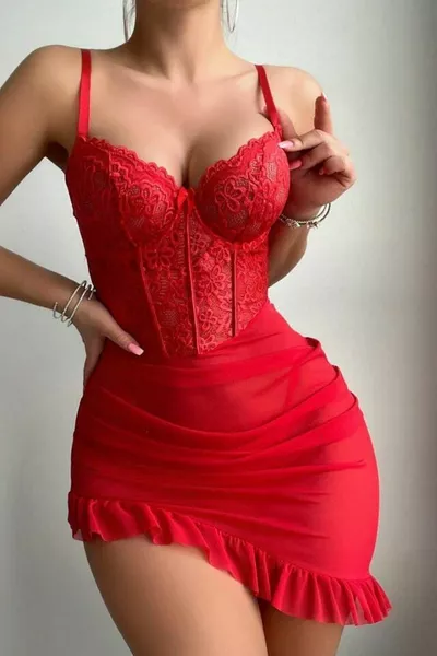 قميص نوم دانتيل من قطعتين مع كشكش