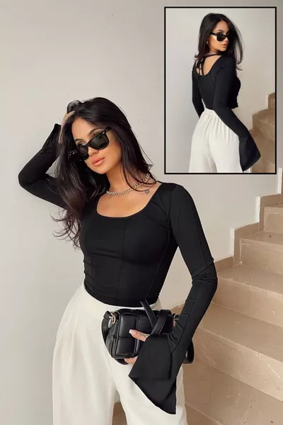 Damenbluse mit langen Ärmeln, Vichy-Karomuster, Rüschenärmeln, Rückenausschnitt und Nahtdetails