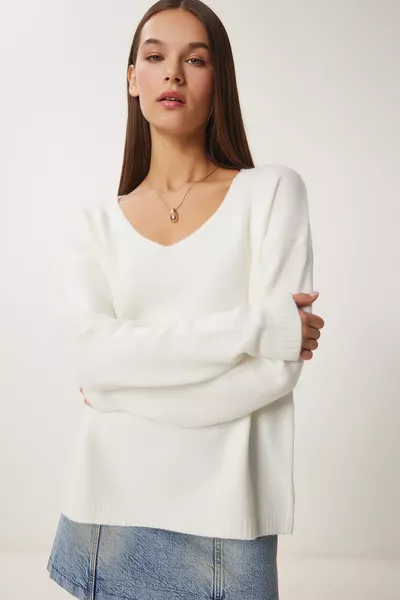 Pull en tricot à col en V pour femme 