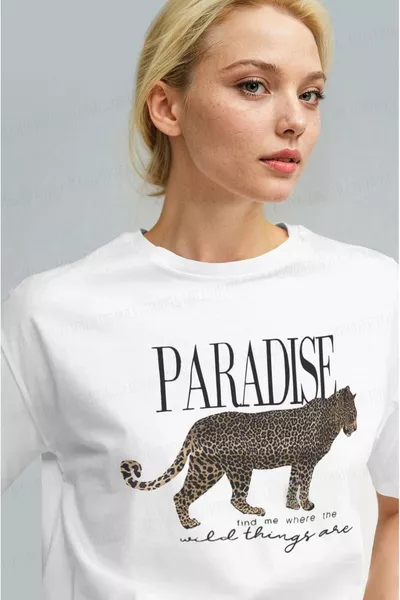 Damen Weiß Paradise Leopard Damen Kurzarm Relax Fit Bequemes Regular Fit T-Shirt
