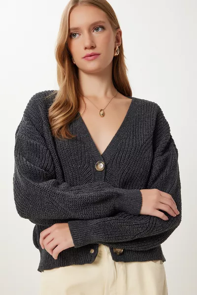 Damen Anthrazit Knopf V-Ausschnitt Orlon Strickjacke 