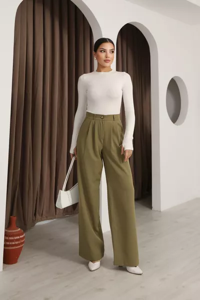 بنطلون Palazzo عالي الخصر باللون الزيتوني للنساء