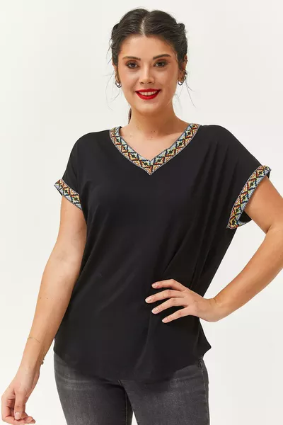 Women's Plus Size Blouse with Colored Embroidery on Sleeves and Collar