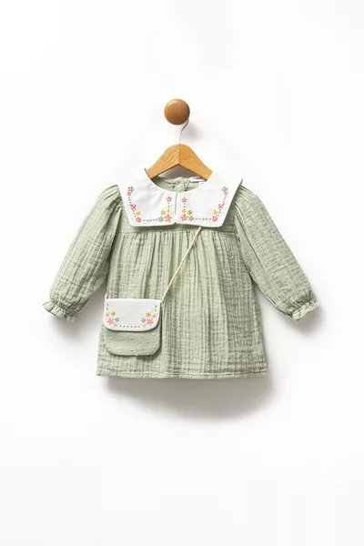 فستان عيد للبنات مزين بالتطريز و ياقة بيبي، من موسلين ٪ قطن مع حقيبة