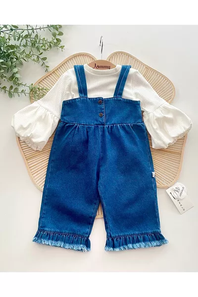 Tuta Palazzo Jean Kot Salopette % Cotone con Lycra, Maglia a Costine, Blusa a Palloncino, Set di Lusso con Frange per Bambina