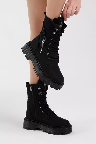 حذاء نسائي بأربطة، كعب مريح، تفاصيل سحّاب، قاعدة بولي سوداء من الجلد السويدي