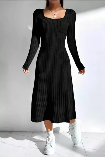 VESTITO DONNA NERO TUBINO A U IN COTONE SPESSO