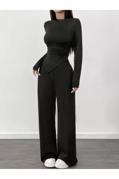 Asymmetrical Long-Sleeve Blouse and Pants Set