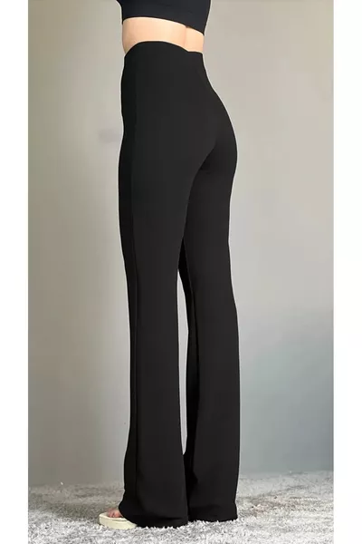 بنطلون بالازو نسائي أسود من قماش الكريب مع ليكرا وجزء أمامي مطرز