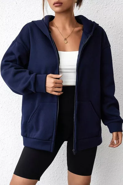 كنزة سميكة بألوان موحدة كحلي للجنسين بغطاء للرأس وتناسب واسع